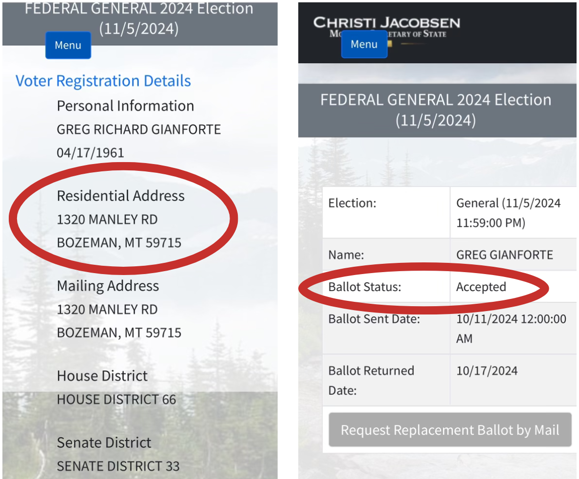 Voter Registration Details for Greg Gianforte showing primary residence